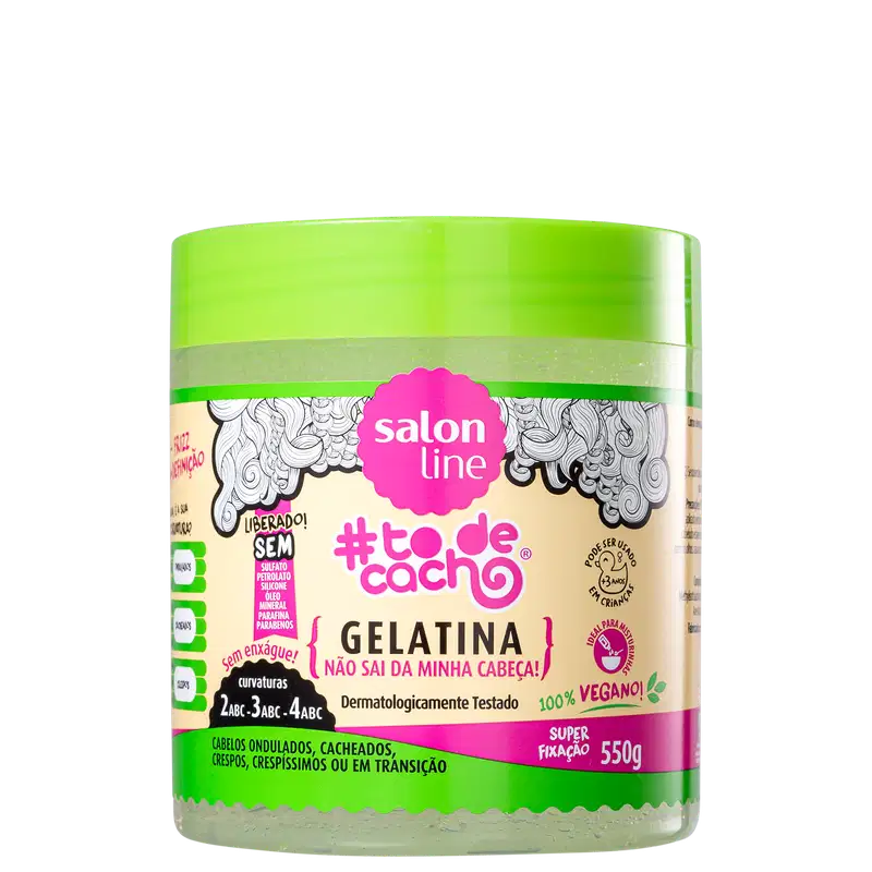 Pote verde-limão com rótulo rosa da linha Salon Line, contendo gelatina para cabelos ondulados, cacheados, crespos ou em transição, com informações sobre ser vegano e testado dermatologicamente.