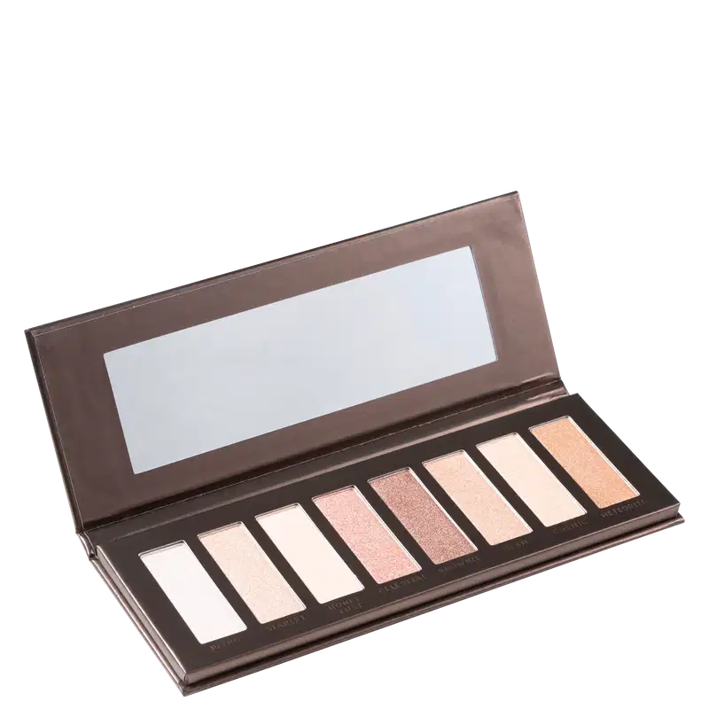 Paleta de sombras de maquiagem em embalagem retangular marrom, contendo 10 tons de sombras em diferentes tons de bege, rosa e bronze.