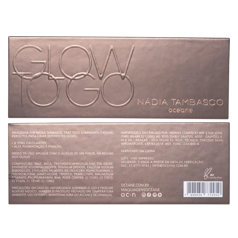Caixa de maquiagem da marca Glow Ego, da designer Nadia Tambasco, na cor rosa acinzentada. A embalagem apresenta o nome da marca e da designer em relevo, além de informações sobre o produto.