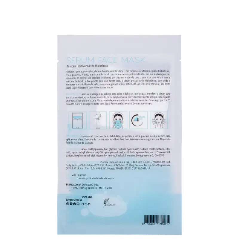Océane Serum Face Mask Ácido Hialurônico - Máscara Facial 20ml