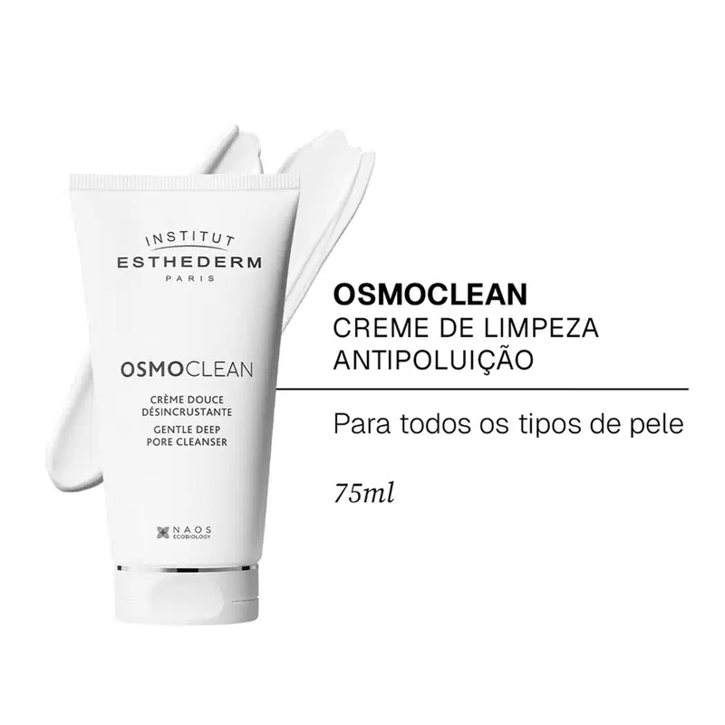 Embalagem com texto "INSTITUT ESTHEDERM PARIS OSMOCLEAN CREME DE LIMPEZA ANTIPOLUIÇÃO Para todos os tipos de pele 75ml".