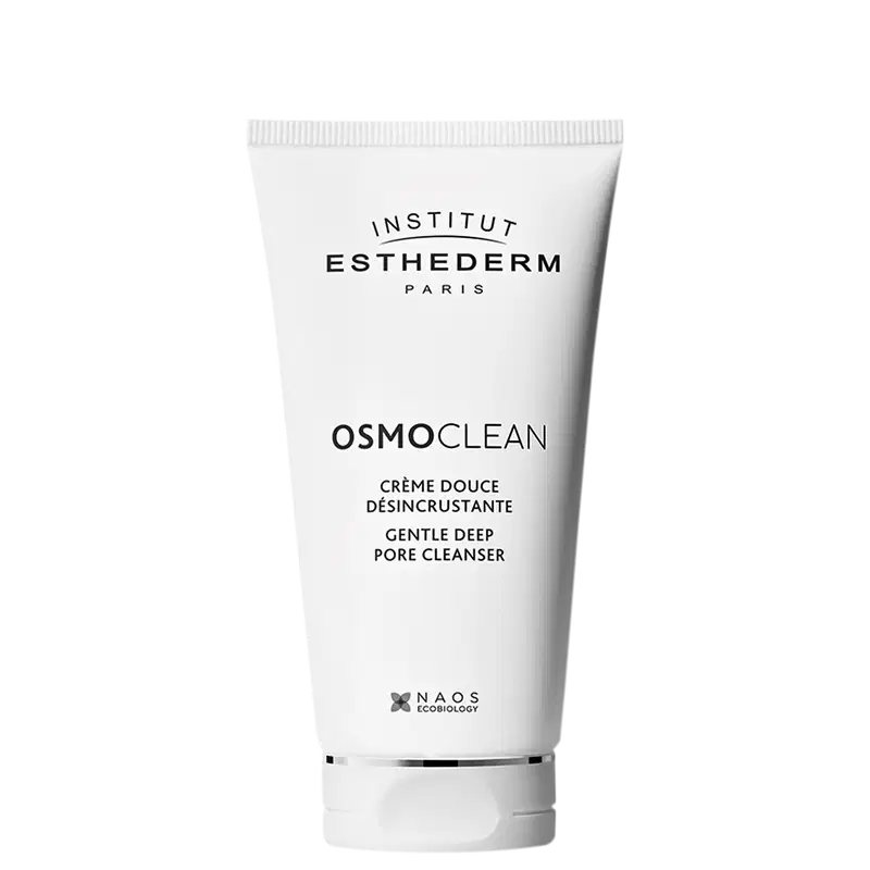 Bisnaga branca com rótulo preto e branco da marca Institut Esthederm Paris, contendo o produto Osmoclean, um creme de limpeza suave para os poros.