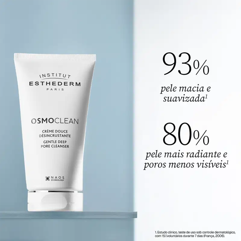  "INSTITUT ESTHEDERM PARIS OSMOCLEAN CREME DOUCE DESINCRUSTANTE" e informações sobre benefícios da fórmula para pele macia, radiante e com poros menos visíveis.