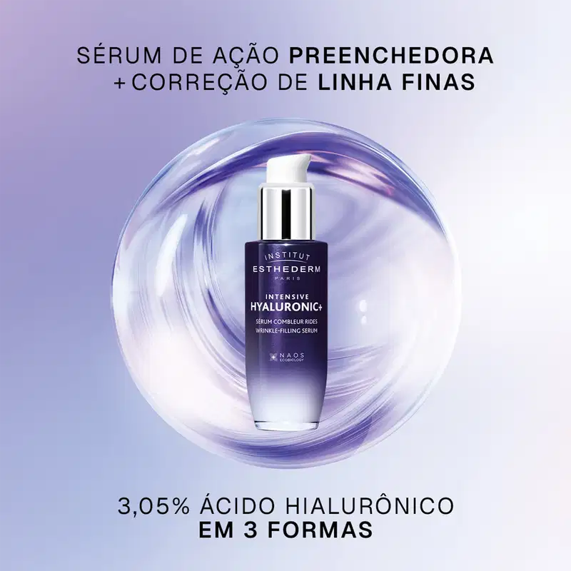 Sérum de ação preenchedora e correção de linhas finas da marca Institut Esthederm, contendo 3,05% de ácido hialurônico em 3 formas, conforme informado no texto visível na embalagem.