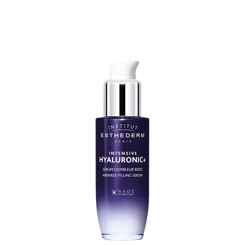Frasco de soro facial Intensive Hyaluronic+ da marca Esthederm Paris, com embalagem em tons de roxo e branco, contendo informações sobre o produto e sua tecnologia NAOS Ecobiology.