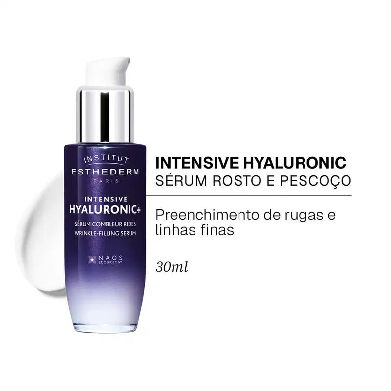 Institut Esthederm Paris contendo "Intensive Hyaluronic Sérum Rosto e Pescoço" para preenchimento de rugas e linhas finas, com volume de 30ml.