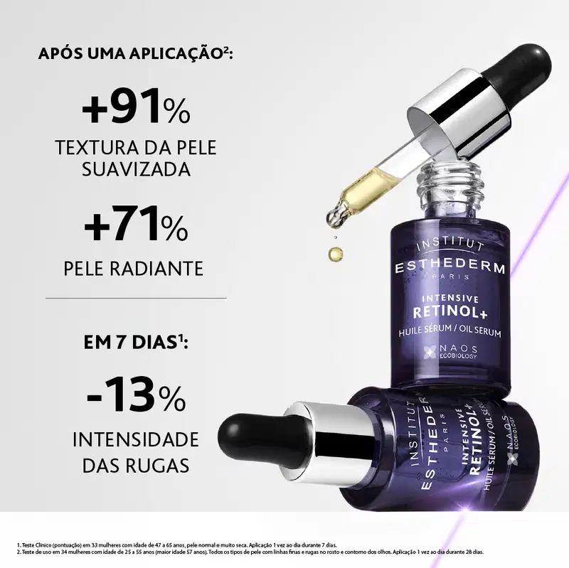 Frasco de vidro com conta-gotas contendo item da marca Esthederm, com texto "Intensive Retinol+ Huile Serum/Oil Serum" e informações sobre benefícios de textura suavizada e pele radiante em 7 dias.