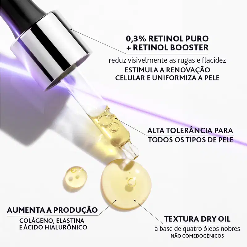 Frasco de item de perfumaria com 0,3% de retinol puro e retinol booster, que promete reduzir visivelmente rugas e flacidez, estimular renovação celular e uniformizar a pele, com textura dry oil à base de quatro óleos nobres não comedogênicos.