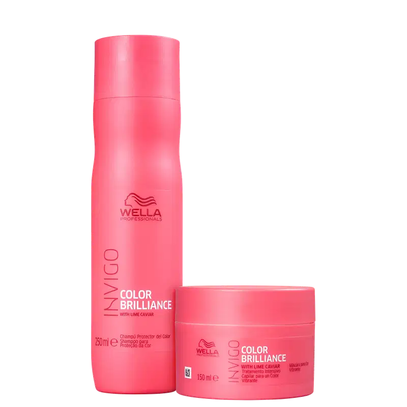 Dois produtos da linha Wella Professionals Color Brilliance, com embalagens em tom de rosa vibrante. Um frasco de shampoo e um pote de máscara, ambos com o nome da linha e o texto "with lime caviar" visível.