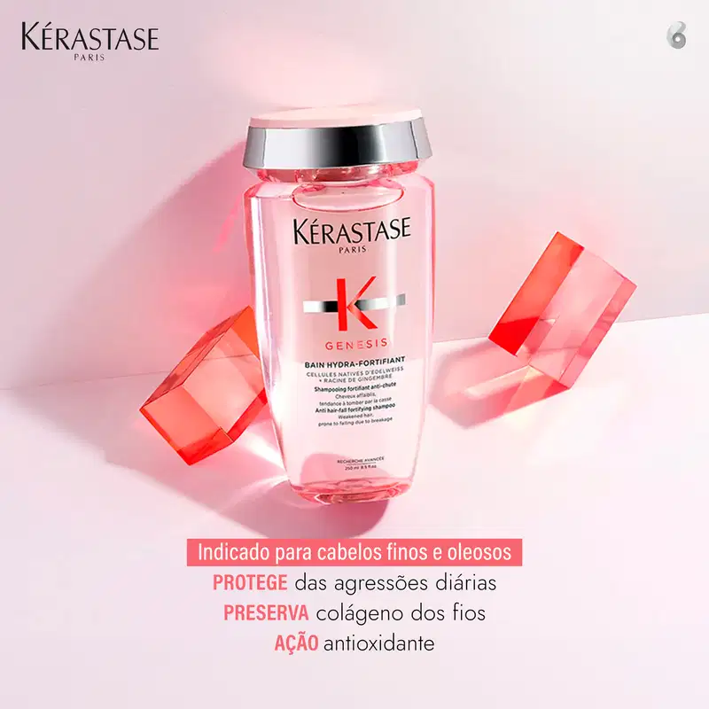 Indicado para cabelos finos e oleosos, protege das agressões diárias, preserva o colágeno dos fios e possui ação antioxidante, de acordo com o texto presente na imagem do produto de beleza da marca Kérastase.