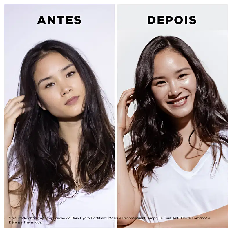 Imagens de antes e depois de um tratamento de cabelo, com a mesma mulher com cabelos escuros e ondulados. 