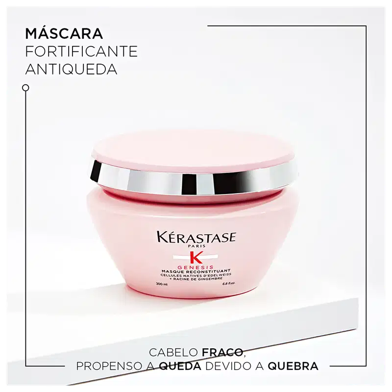 Máscara fortificante antiqueda da linha Kérastase Genesis, em embalagem rosa e branca com detalhes em preto, contendo 200 ml do produto para cabelos propensos a queda devido a quebra.