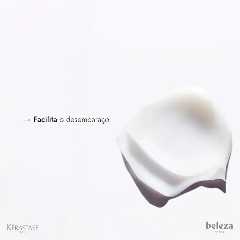 Produto Kérastase com texto "Facilita o desembaraço". Formato arredondado e suave, sugerindo um produto para cuidados capilares.