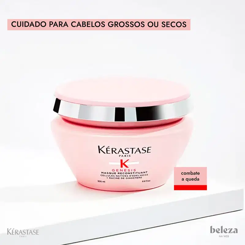 Frasco rosa da linha Genesis da Kérastase, um tratamento reconstituinte para cabelos grossos ou secos. O produto apresenta embalagem redonda com tampa prateada e rótulo com o nome da marca.