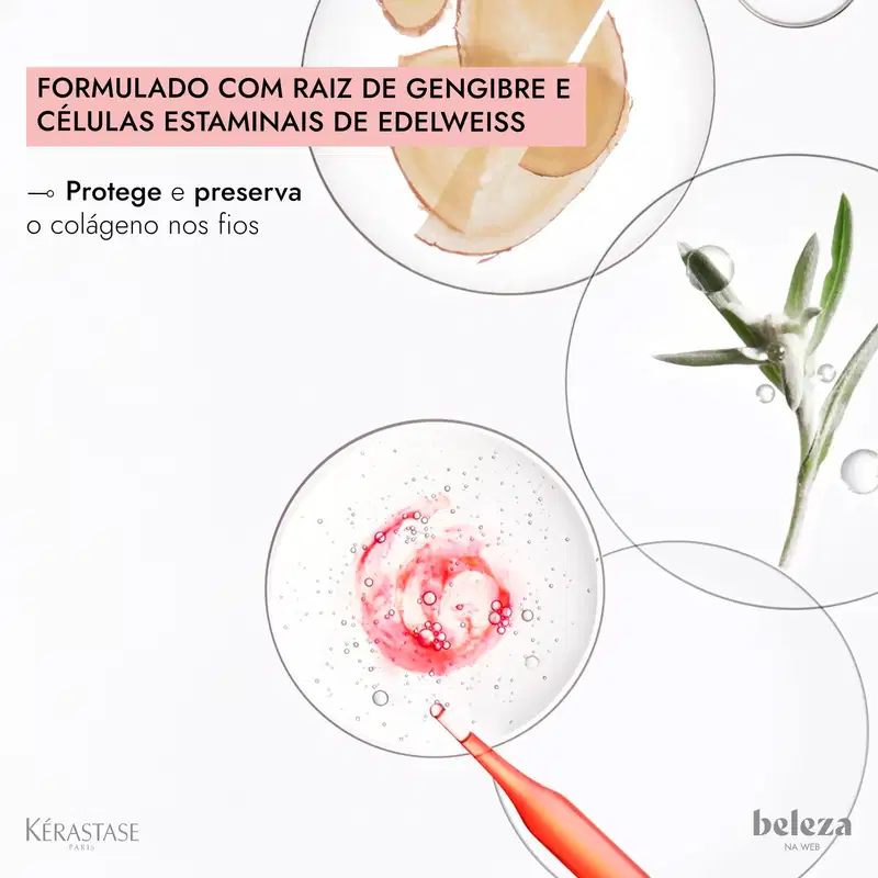 Produto Kérastase com fórmula à base de gengibre e células estaminais de edelweiss, em frasco transparente com líquido rosa e bolhas, protegendo e preservando o colágeno dos fios.