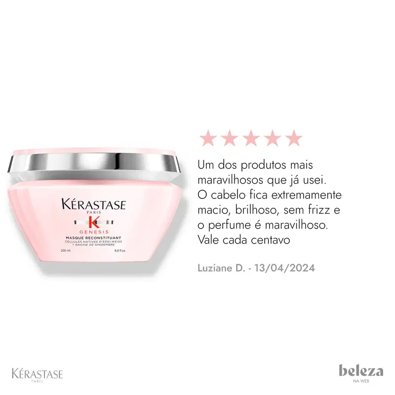 Frasco rosa de máscara da linha Génesis da Kérastase, com rótulo em preto e branco. Produto promete cabelos macios, brilhosos, sem frizz e com perfume agradável, de acordo com avaliação positiva de 5 estrelas.