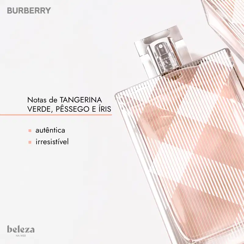 Frasco de perfume Burberry Brit com padrão xadrez em relevo transparente. Texto à esquerda: "Notas de tangerina verde, pêssego e íris", com as palavras "autêntica" e "irresistível". Logótipos da Burberry e Beleza na Web.