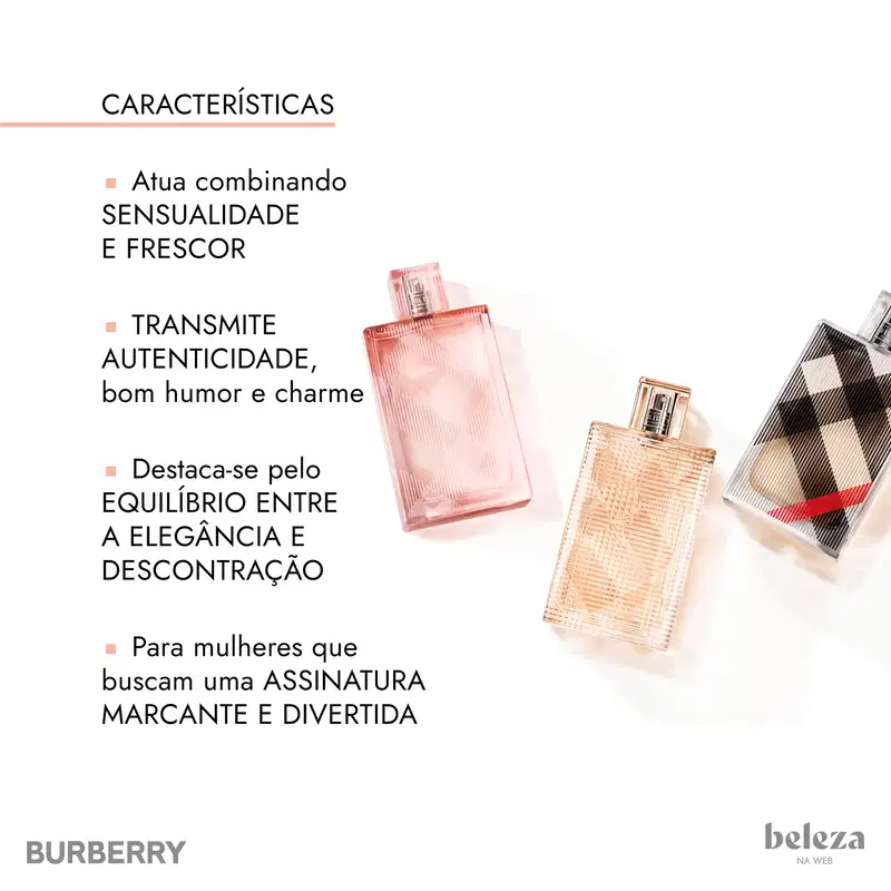 Três frascos de perfume Burberry com padrão xadrez sobre fundo branco. À esquerda, texto com características: combina sensualidade e frescor, transmite autenticidade e elegância descontraída para uma assinatura marcante. Logos Burberry e Beleza na Web.