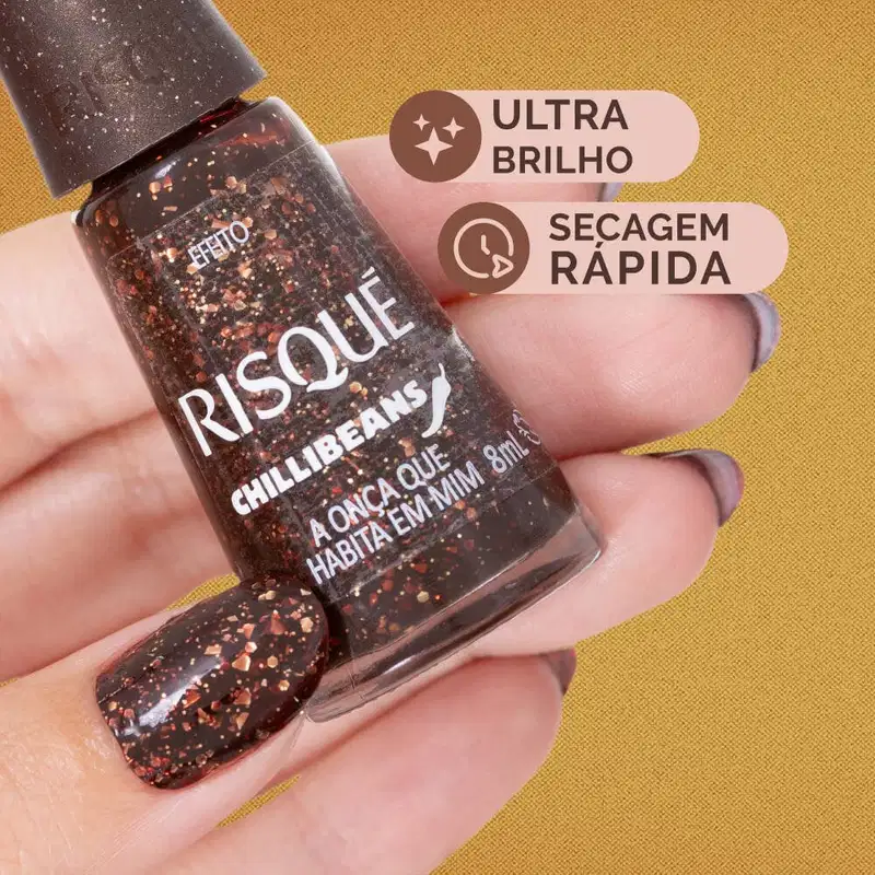Esmalte Marrom Risqué & Chilli Beans A Onça que Habita em Mim Efeito