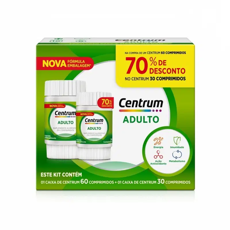 Caixa de suplemento alimentar Centrum Adulto com 60 e 30 comprimidos, em embalagem verde e amarela, destacando descontos de 70% no pacote maior.