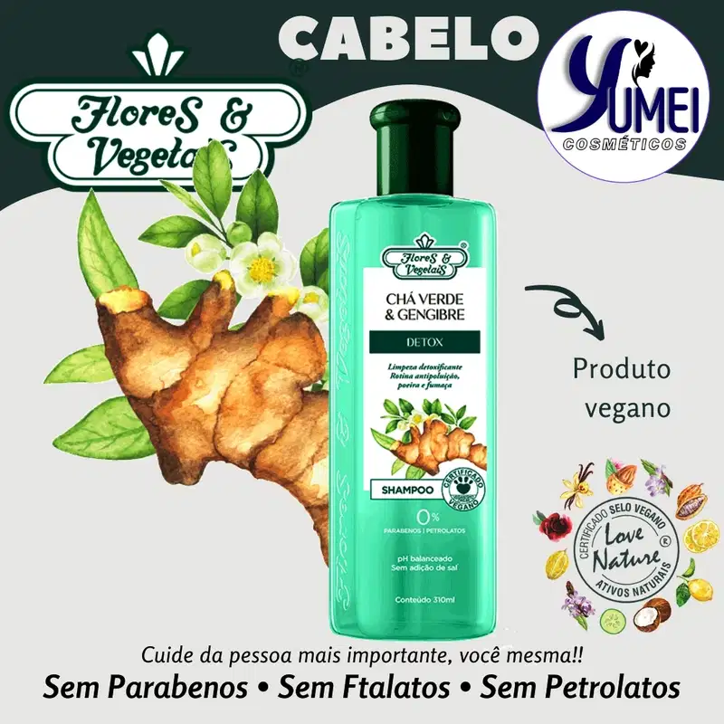 Shampoo Chá Verde e Gengibre Detox Flores e Vegetais 310ml