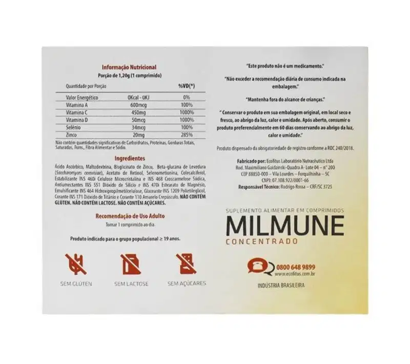 Suplemento Alimentar Ecofitus Milmune Concentrado 60 Comprimidos Revestidos