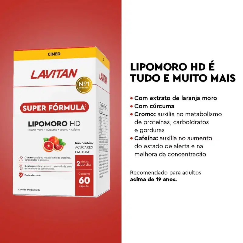 O produto apresentado é um suplemento alimentar da marca Lavitan, chamado "Lipomoro HD". Texto indica que o produto contém extrato de laranja-amarga, cúrcuma, cromo e cafeína, e é recomendado para adultos acima de 19 anos.