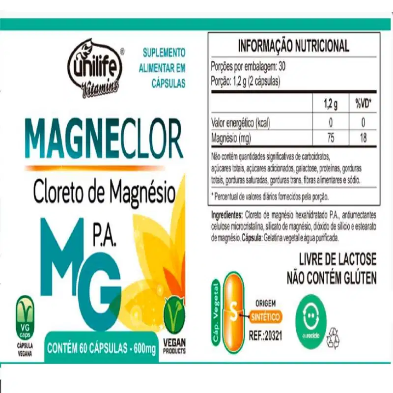 Suplemento Alimentar Magneclor Cloreto de Magnésio P.A. Unilife 60 Cápsulas