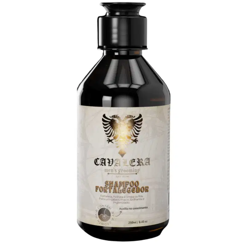 Frasco de shampoo Cavalera para homens, com embalagem preta e branca, exibindo o logotipo da marca em destaque. O produto é descrito como "Shampoo Fortalecedor" e promete fortalecer, hidratar e limpar os cabelos de forma eficaz.