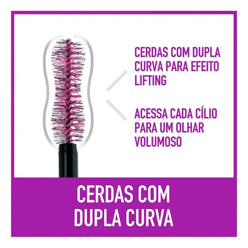 "Cerdas com dupla curva para efeito lifting" "Acessa cada cílio para um olhar volumoso".