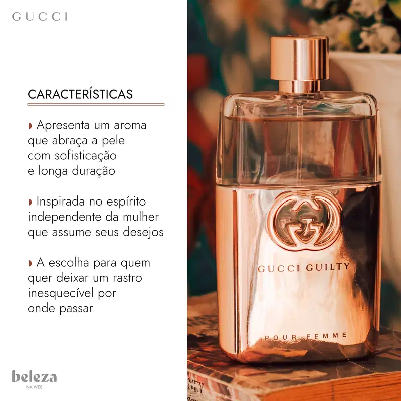 Frasco de item de perfumaria da marca Gucci com tampa dourada, apresentando aroma que abraça a pele com sofisticação e longa duração, inspirado no espírito independente da mulher que assume seus desejos.