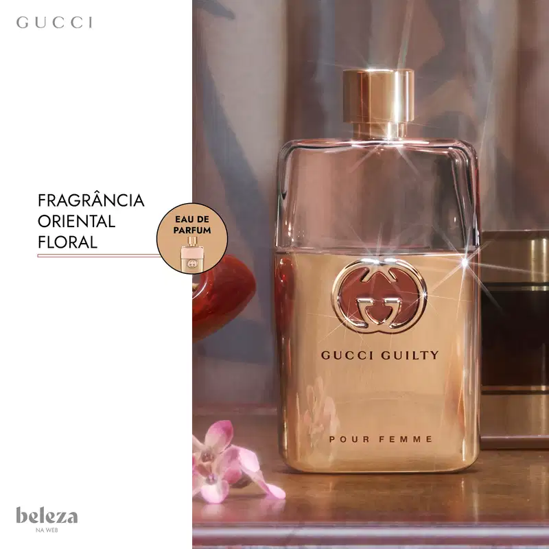 Frasco de item de perfumaria da marca Gucci, com nome "Gucci Guilty" e texto "Pour Femme".