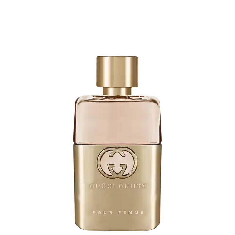 Frasco de item de perfumaria da marca Gucci com tampa dourada, apresentando aroma que abraça a pele com sofisticação e longa duração, inspirado no espírito independente da mulher que assume seus desejos.