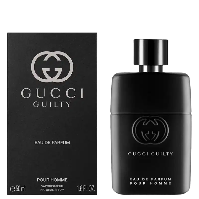 A imagem mostra a embalagem preta, retangular, com o logo e nome da marca, tipo de concentração, nome do perfume e volumetria estampados de forma minimalista, em branco. Ao lado, o frasco do perfume.