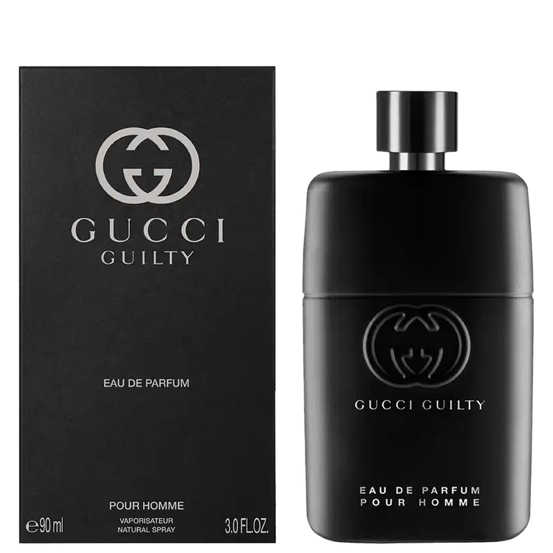 A imagem mostra a embalagem preta, retangular, com o logo e nome da marca, tipo de concentração, nome do perfume e volumetria estampados de forma minimalista, em branco. Ao lado, o frasco do perfume.