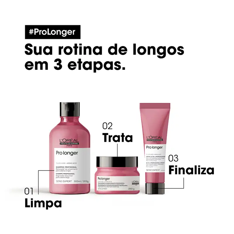 O produto de beleza da L'Oréal Professionnel é a linha Pro Longer, composta por um shampoo de 300ml/303g, um creme de tratamento de 250g e um finalizador em embalagem menor. As cores predominantes são o rosa e o preto.