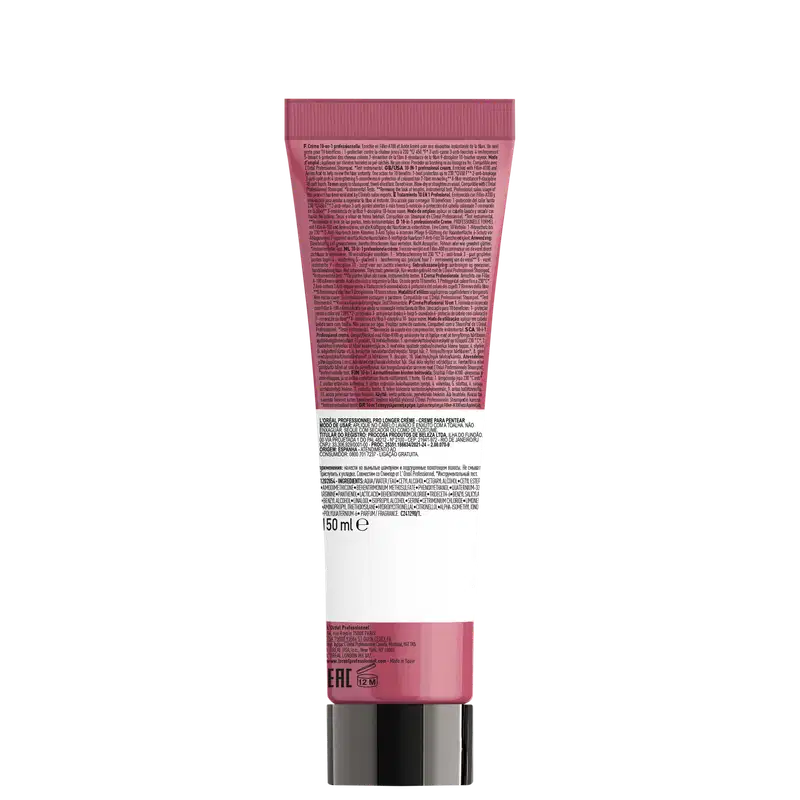 Frasco de creme para pentear da marca L'Oréal Professionnel, com embalagem rosa e rótulo detalhado em texto. O produto possui 150 ml de volume e apresenta informações sobre sua composição e instruções de uso.