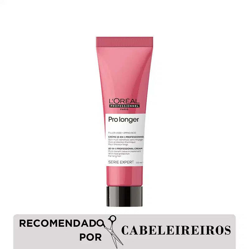 Tubo rosa da linha Pro Longer da L'Oréal Professionnel, com rótulo indicando tratar-se de um creme 10-em-1 para cabelos longos, com proteção térmica.