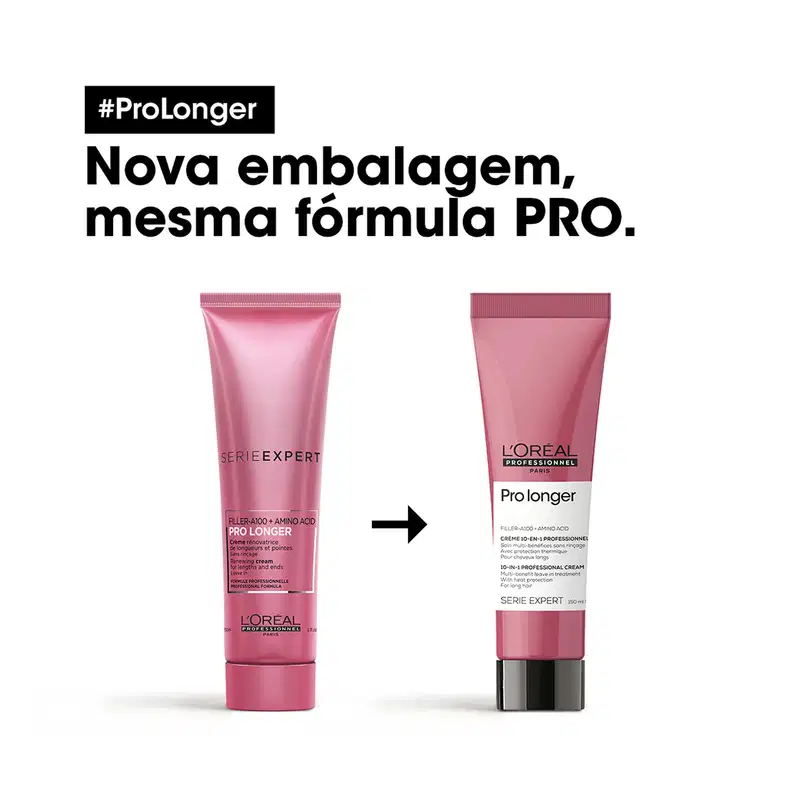 Dois tubos de creme para cabelos da linha Pro Longer da L'Oréal Professionnel, com embalagem rosa e texto destacando a nova fórmula e a mesma tecnologia PRO.