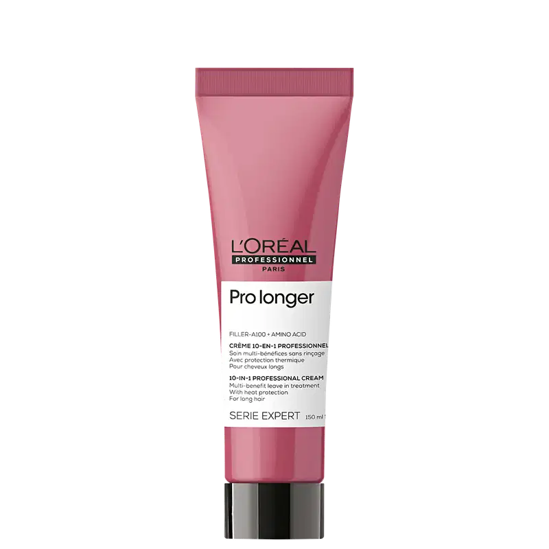 Tubo rosa da linha Serie Expert da L'Oréal Professionnel Paris, contendo o produto Prolonger, um creme de tratamento profissional de 10-em-1 para cabelos longos, com proteção térmica.