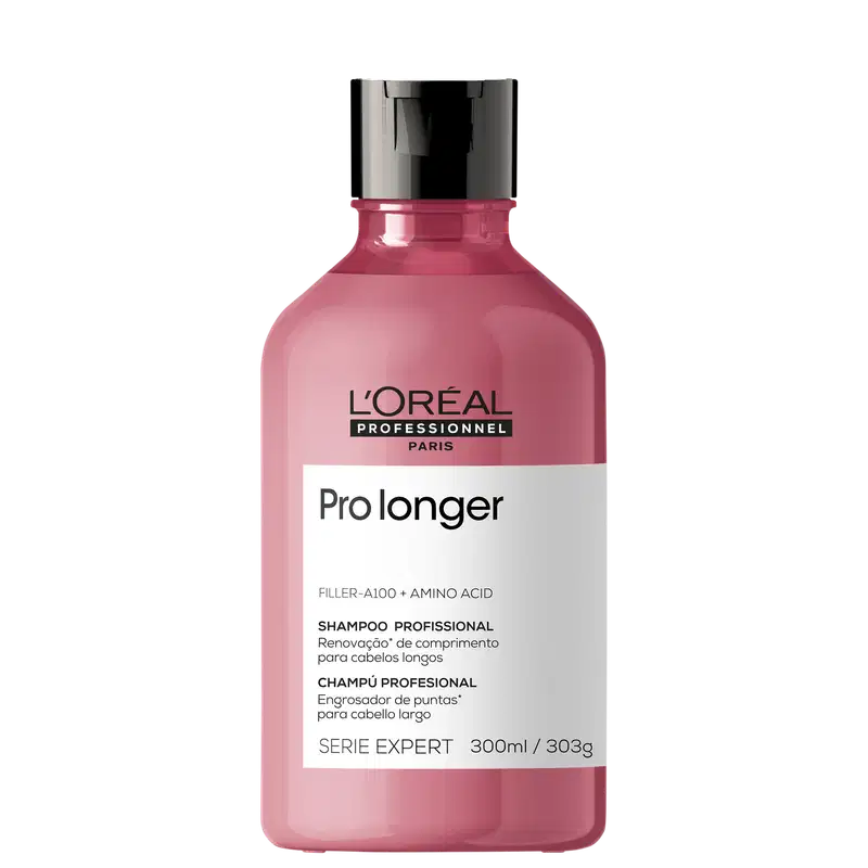 Shampoo da linha Serie Expert Pro longer da L'Oréal Professionnel. O frasco é de plástico rosa. Na parte frontal, há um rótulo branco com o nome do produto "Pro longer" e a descrição "Filler-A100 + Amino Acid Shampoo Profissional" em português e inglês.