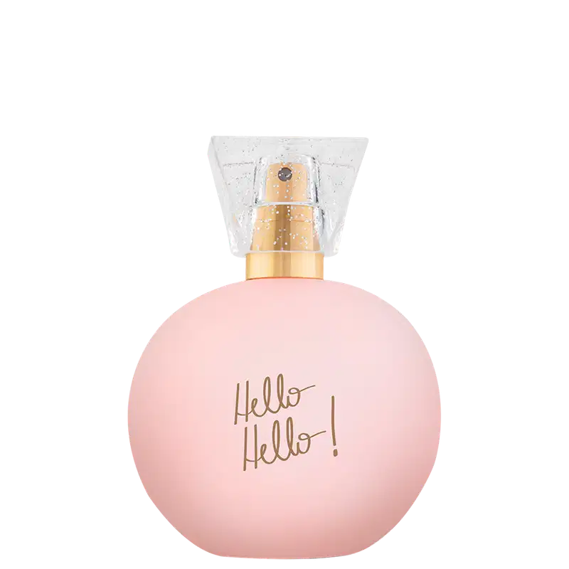 Perfume em frasco arredondado de vidro rosa claro. A tampa é transparente com detalhes dourados. No corpo do frasco, está escrito "Hello Hello!" em letras cursivas. O frasco tem uma forma simples e elegante, com uma silhueta curvilínea.