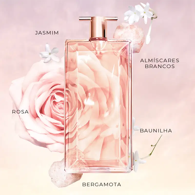 Frasco de perfume Idôle Lancôme de formato retangular, com tampa rosada e corpo transparente contendo um líquido de tonalidade rosa clara. O rótulo apresenta o nome da marca em destaque.