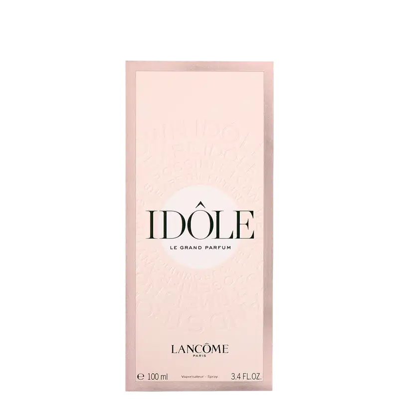 Frasco de perfume Idôle Lancôme de formato retangular, com tampa rosada e corpo transparente contendo um líquido de tonalidade rosa clara. O rótulo apresenta o nome da marca em destaque.