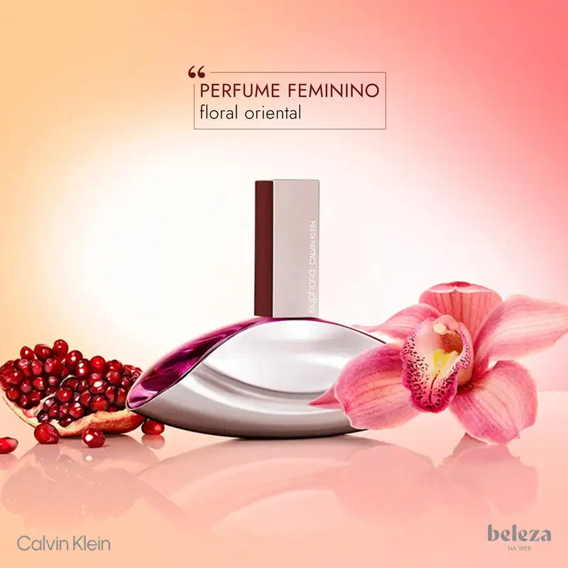 Frasco de perfume Calvin Klein de formato oval, com tampa branca e corpo em tom de rosa vibrante: Euphoria Calvin Klein Eau de Parfum 100ml
