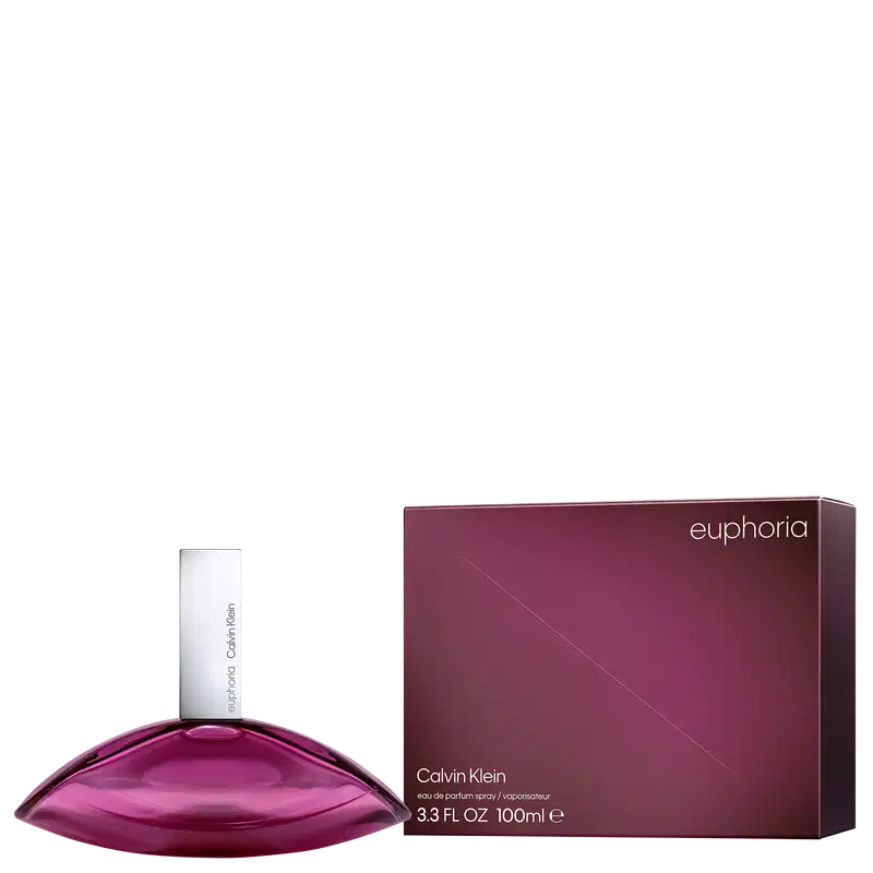 Frasco de perfume Calvin Klein de formato oval, com tampa branca e corpo em tom de rosa vibrante: Euphoria Calvin Klein Eau de Parfum 100ml