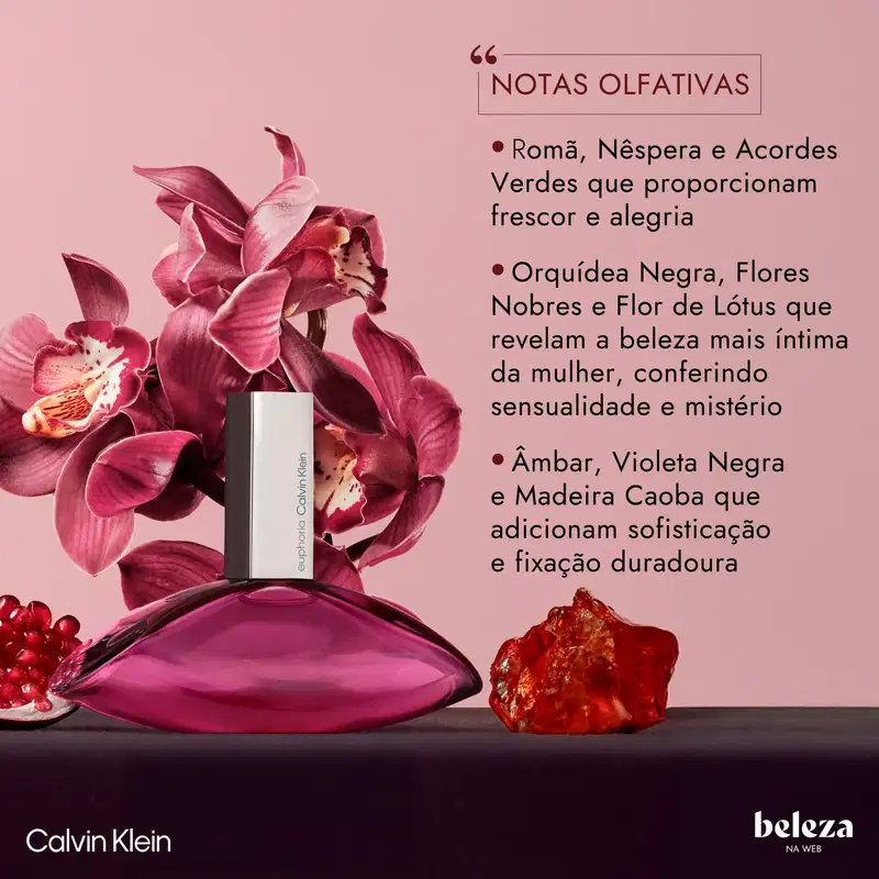 Frasco de perfume Calvin Klein de formato oval, com tampa branca e corpo em tom de rosa vibrante: Euphoria Calvin Klein Eau de Parfum 100ml