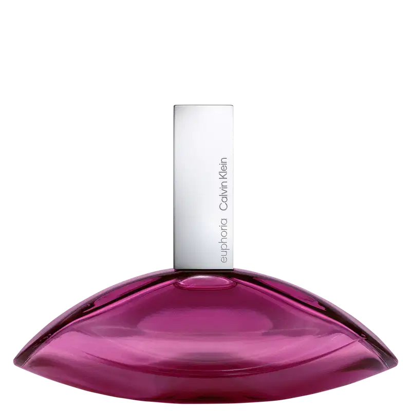 Frasco de perfume Calvin Klein de formato oval, com tampa branca e corpo em tom de rosa vibrante: Euphoria Calvin Klein Eau de Parfum 100ml