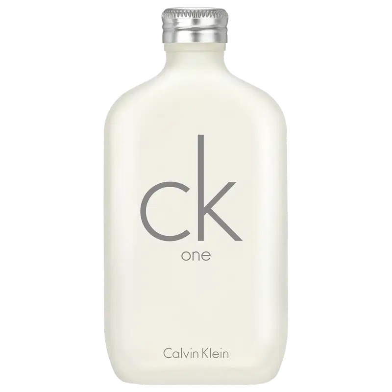 Frasco de perfume Calvin Klein One, com design minimalista em tons de branco e cinza, exibindo o logotipo da marca em destaque.