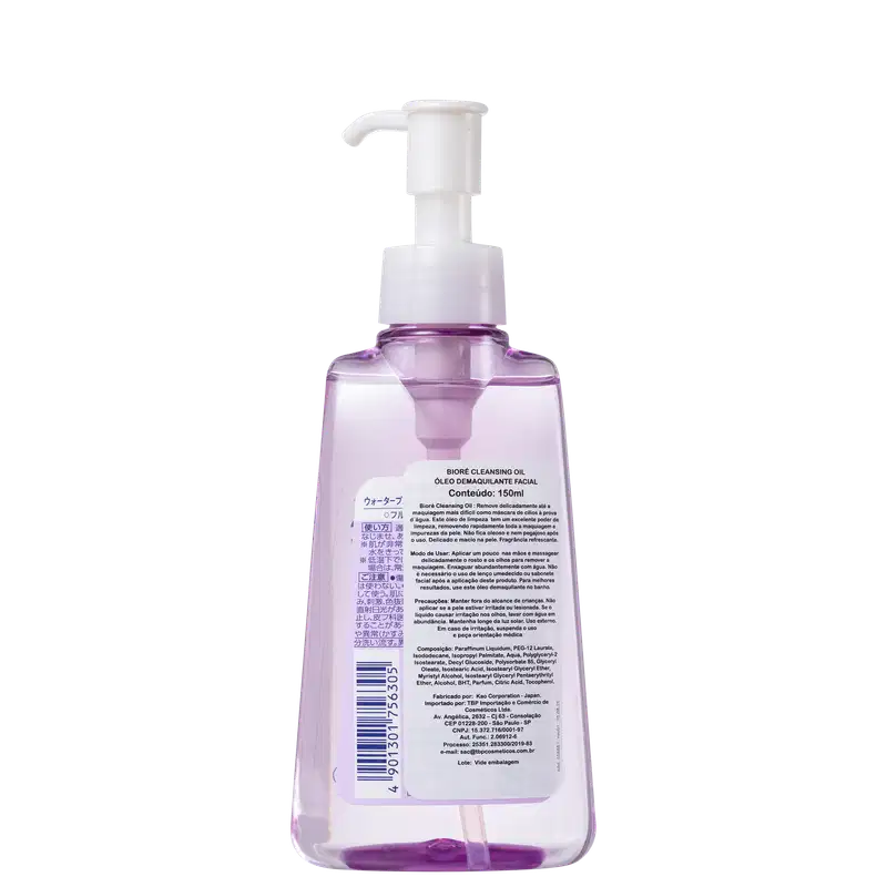 Verso da embalagem com informações sobre o produto Bioré Make Up Remover Cleansing Oil - Óleo Demaquilante 150ml